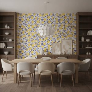 Symms Fruit - Brighten your space with this fresh and cheerful lemon-themed wallpaper, featuring vibrant yellow citrus