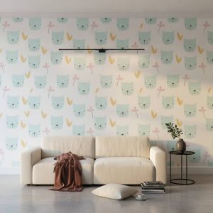 Turquoise Teddy Tea - This charming wallpaper brings whimsy to any child's space with adorable turquoise cat faces scattered