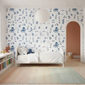 Under Da Sea - Dive into an underwater adventure with this charming peel and stick wallpaper featuring playful ocean