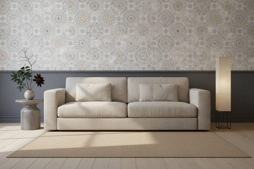 Velha Tile - This elegant Velha Tile Wallpaper features intricate octagonal tile patterns in soft beige, cream, and muted