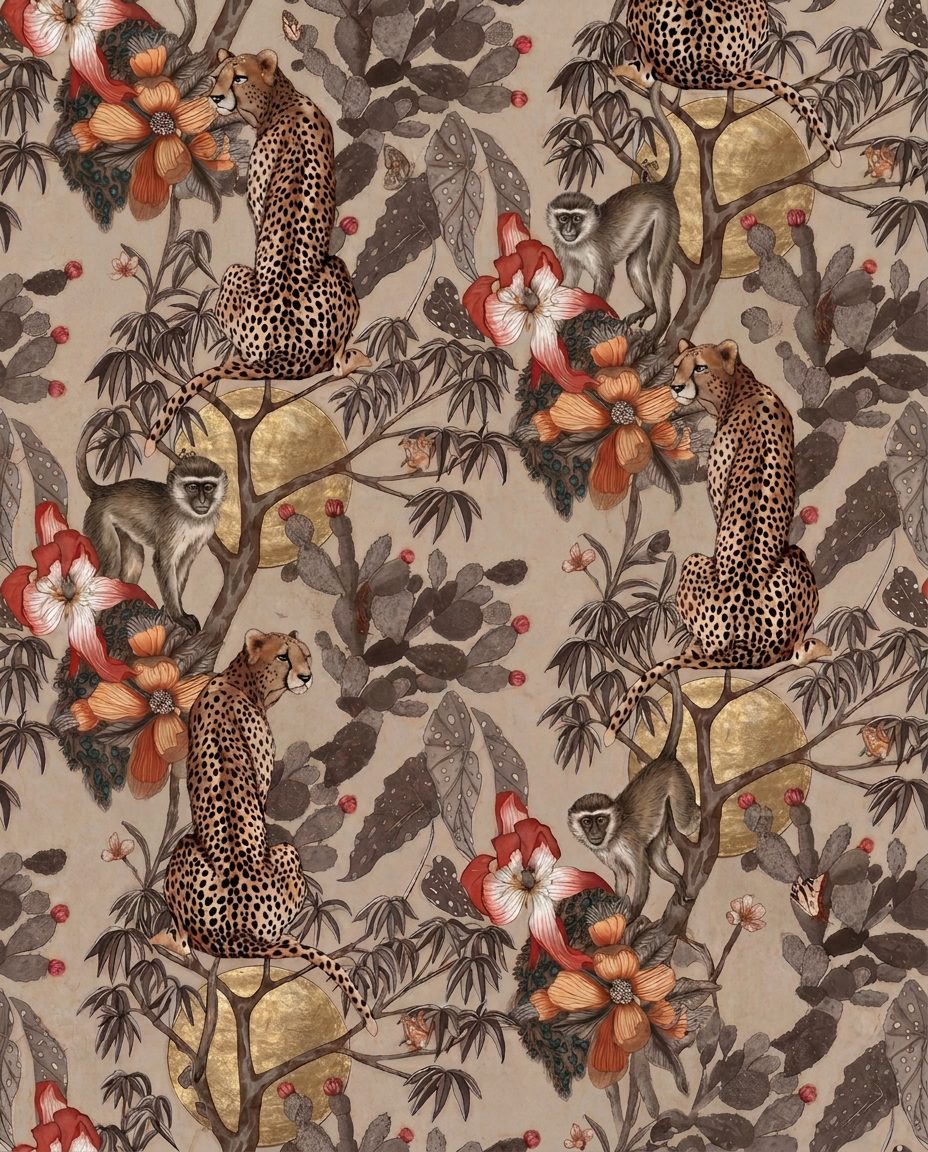 Cheetah And Monkey Grove 1 Wallpaper and Wall Murals South Africa Cheetah And Monkey Grove, cheetahs and monkeys in taupe and terracotta wallpaper - WallpaperOnline