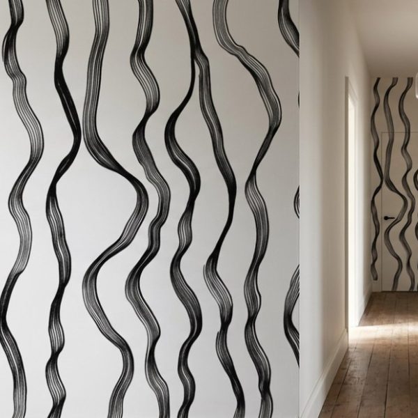test color filter 7 Wallpaper and Wall Murals South Africa Charcoal Line Waves shown in a bedroom
