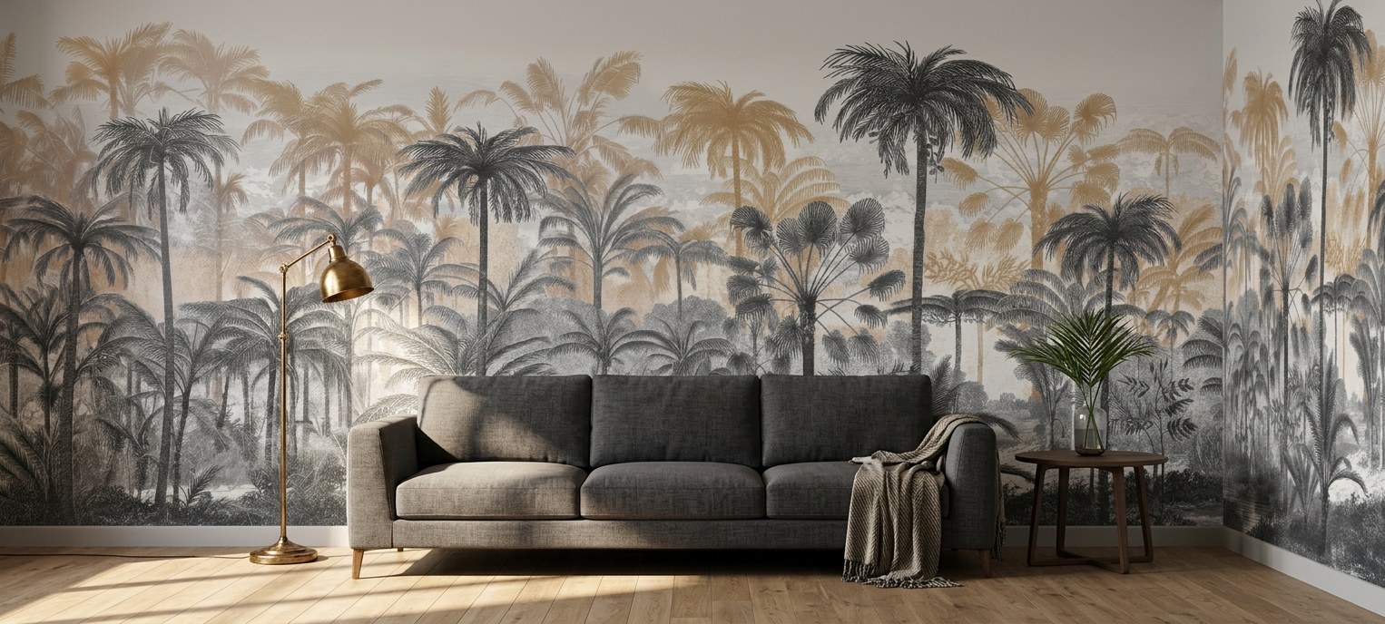 Misted Palm Grove 2 Wallpaper and Wall Murals South Africa Misted Palm Grove shown in a living room