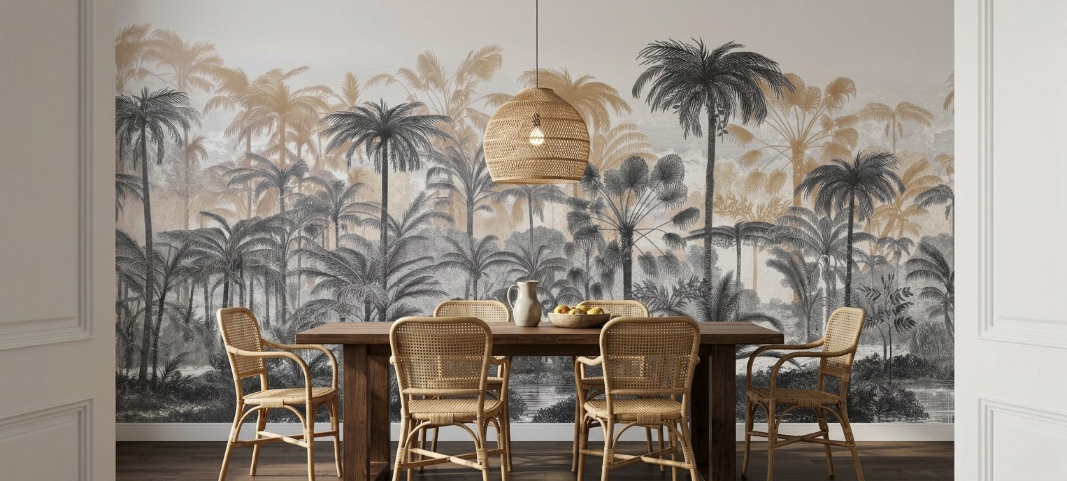 Misted Palm Grove 3 Wallpaper and Wall Murals South Africa Misted Palm Grove shown in a bedroom