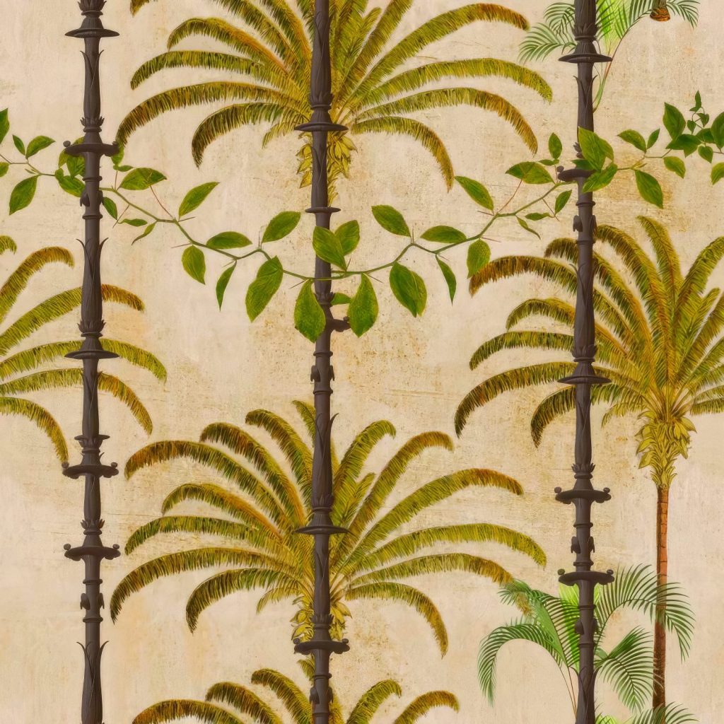 Ornate Palm Grove, palm trees in olive green and dark brown wallpaper - WallpaperOnline