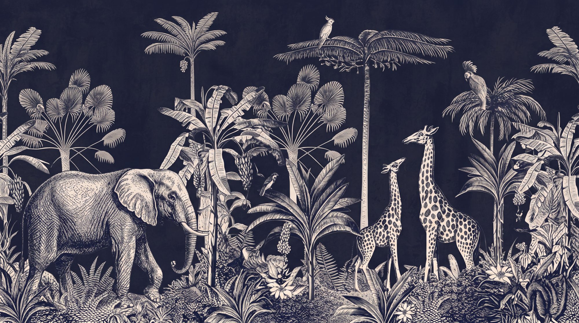 Midnight Jungle Safari 1 Wallpaper and Wall Murals South Africa Midnight Jungle Safari, elephant and giraffes in navy and ivory mural - WallpaperOnline