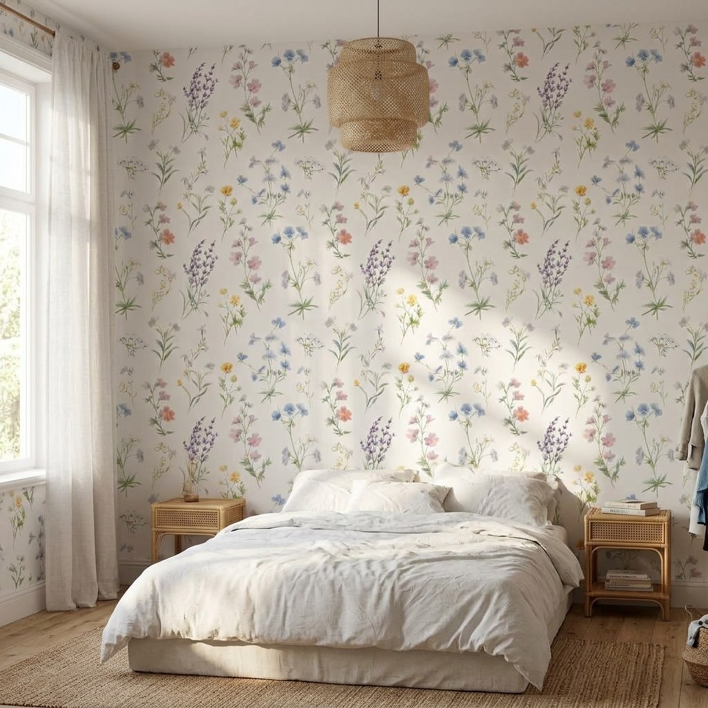 Scattered Meadow Blooms 1 Wallpaper and Wall Murals South Africa Scattered Meadow Blooms shown in a living room