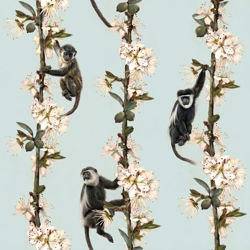 Blossom Branch Monkeys 3 Wallpaper and Wall Murals South Africa Blossom Branch Monkeys, monkeys on blossom branches in blue, white and grey wallpaper - WallpaperOnline