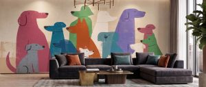 Colorful illustrated dogs gathered together in a playful modern wallpaper design