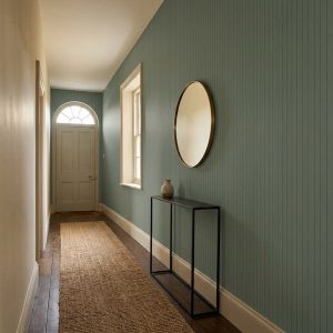 Panelled Sage Stripe shown in a bedroom