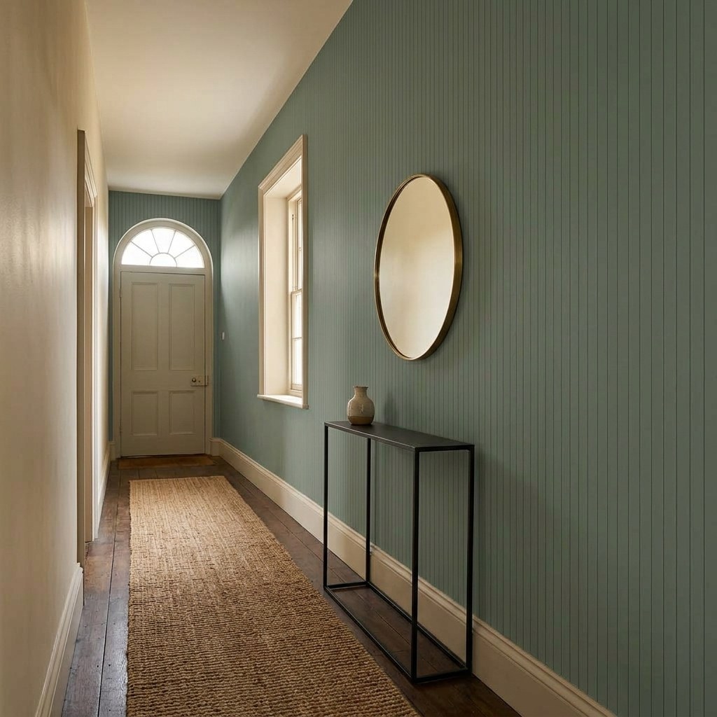 Panelled Sage Stripe 1 Wallpaper and Wall Murals South Africa Panelled Sage Stripe shown in a bedroom