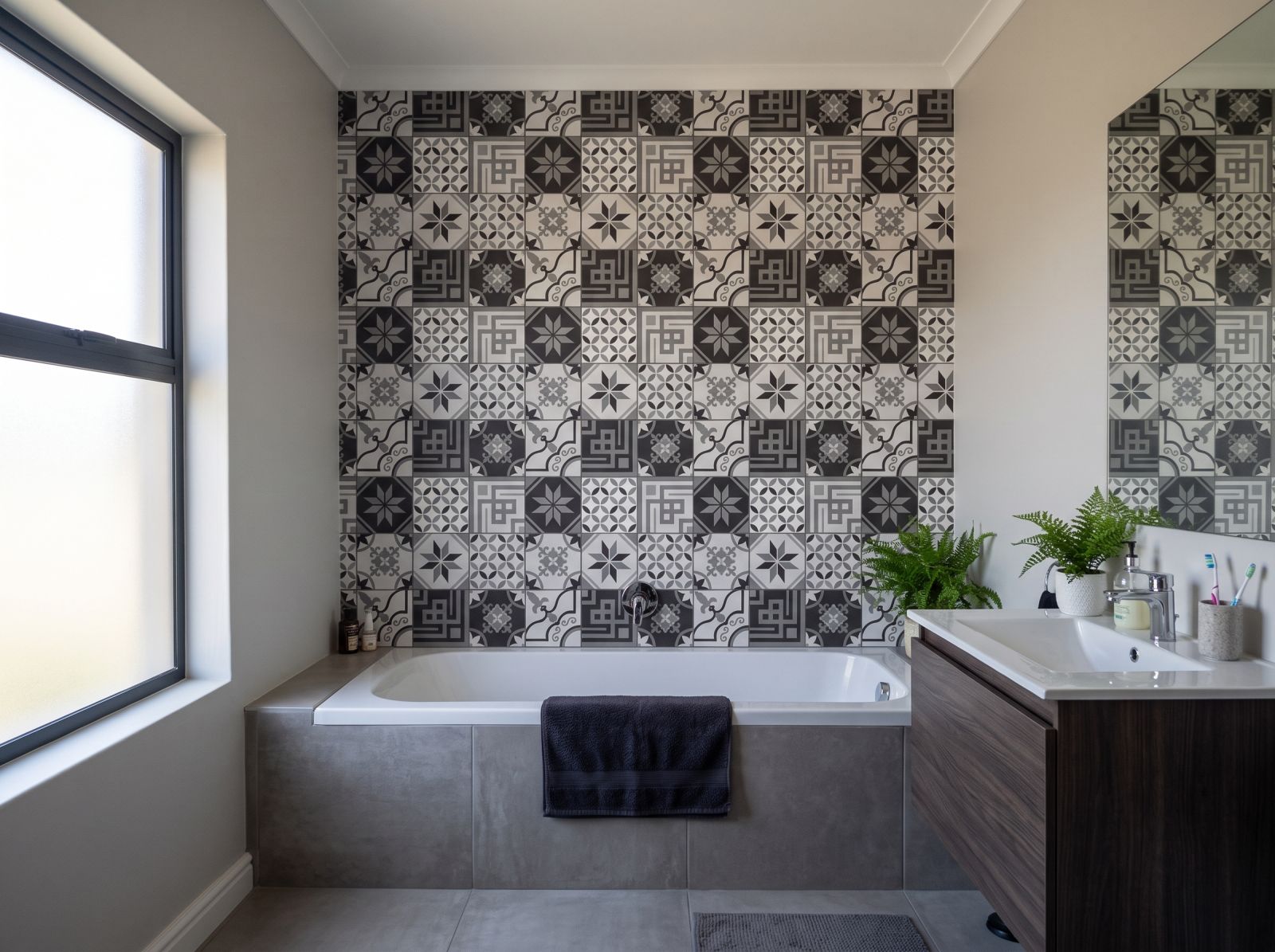 Ampla Tile Wallpaper 1 Wallpaper and Wall Murals South Africa Ampla Tile Wallpaper shown in a bathroom