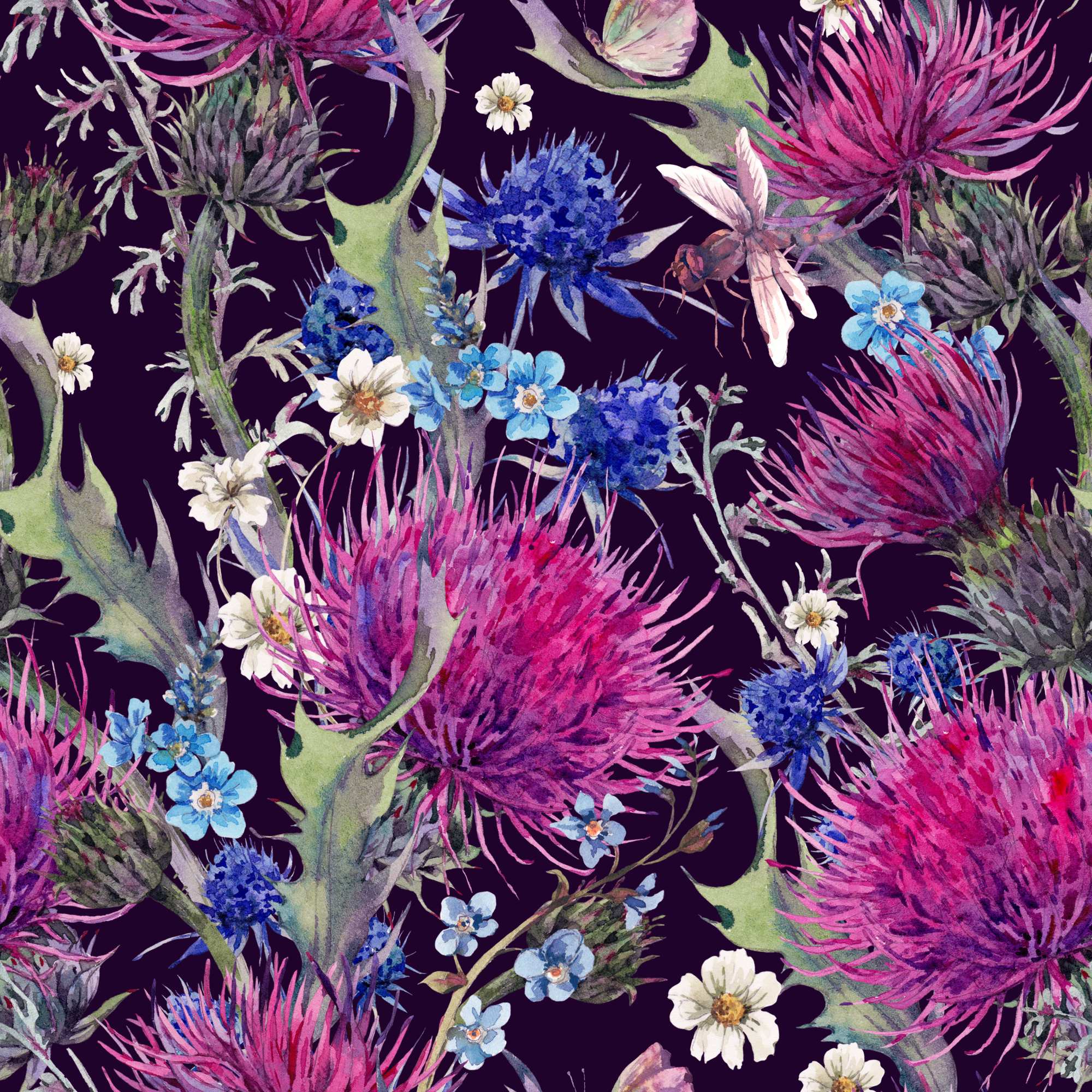 Cadet Dark Wallpaper 2 Wallpaper and Wall Murals South Africa Cadet Dark Wallpaper, thistles and wildflowers in aubergine, pink and blue wallpaper - WallpaperOnline
