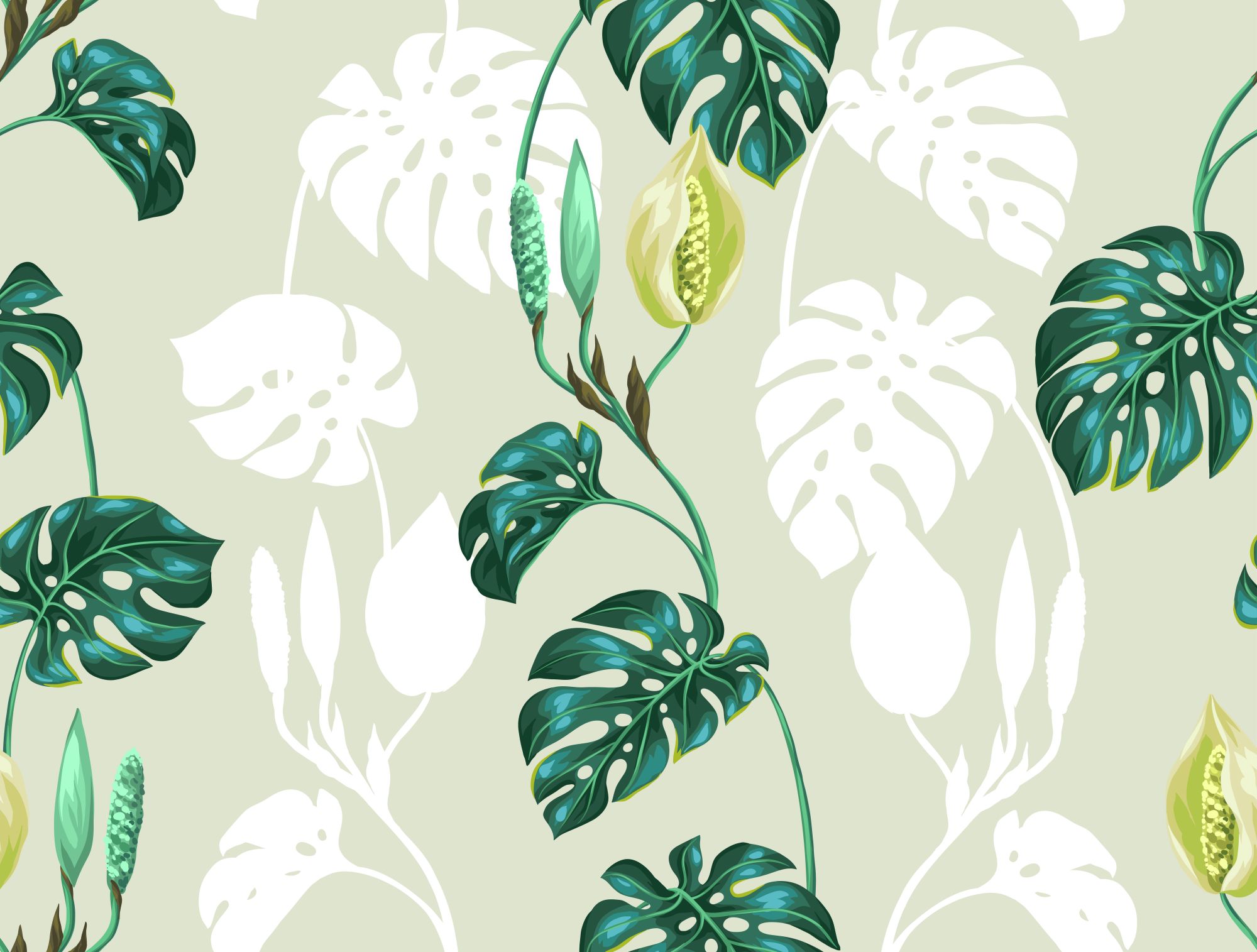 Flowering Ghosts Designer Wallpaper 2 Wallpaper and Wall Murals South Africa Flowering Ghosts Designer Wallpaper, monstera leaves in green and white wallpaper - WallpaperOnline