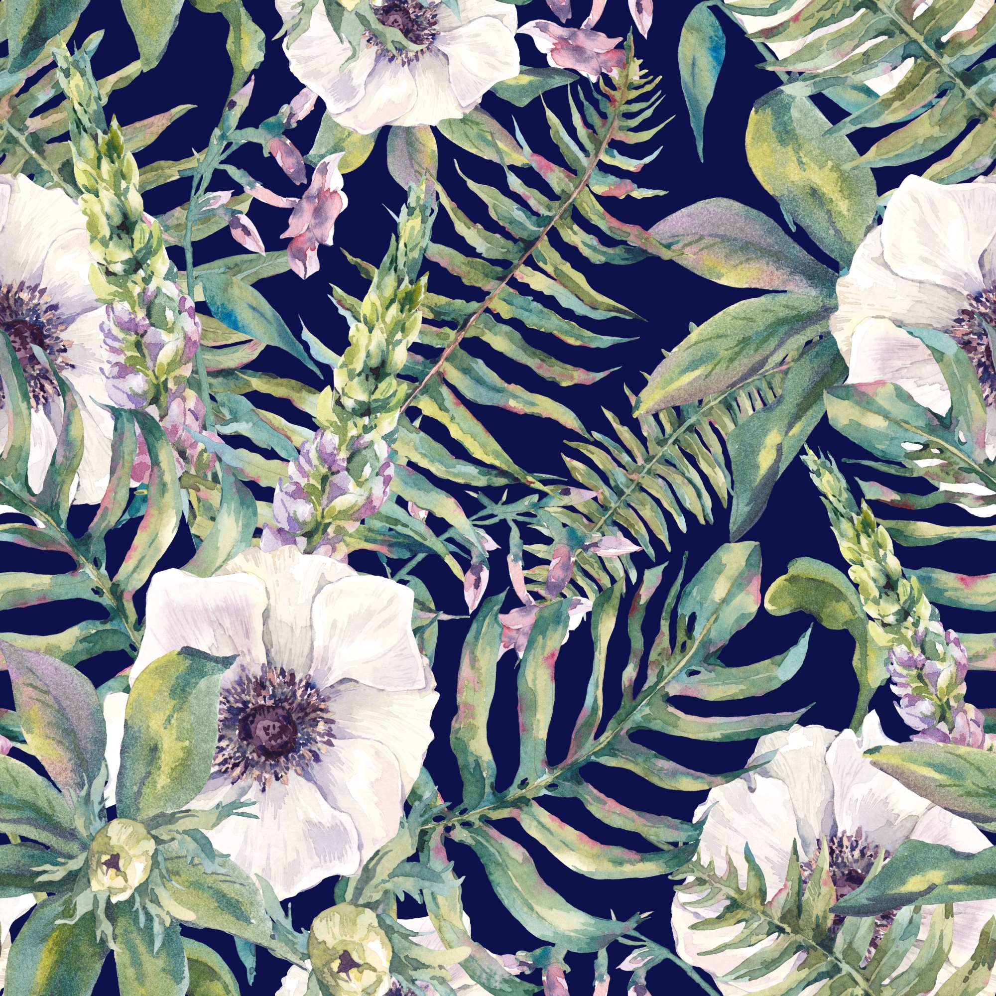Sweet Scenery Wallpaper 2 Wallpaper and Wall Murals South Africa Sweet Scenery Wallpaper, white anemones and ferns in navy and green wallpaper - WallpaperOnline