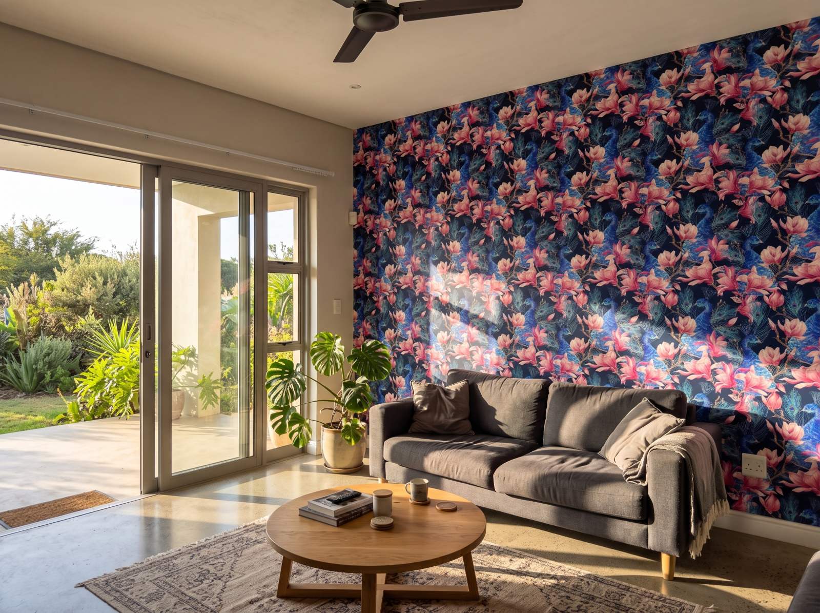 Midnight Peahen Wallpaper 1 Wallpaper and Wall Murals South Africa Midnight Peahen Wallpaper shown in a living room
