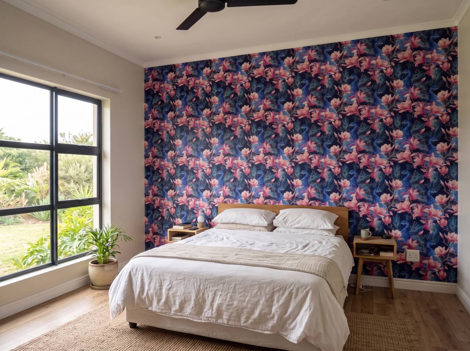 Midnight Peahen Wallpaper 3 Wallpaper and Wall Murals South Africa Midnight Peahen Wallpaper shown in a bedroom