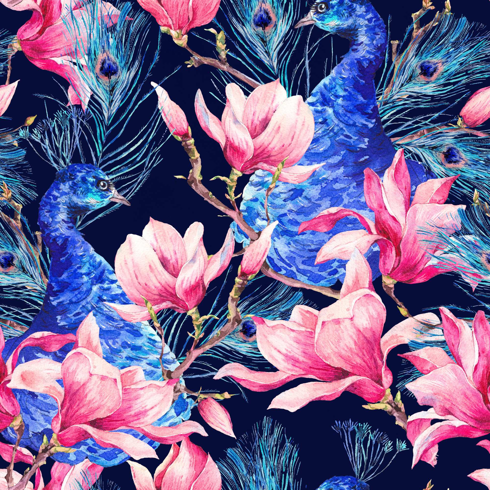 Midnight Peahen Wallpaper 2 Wallpaper and Wall Murals South Africa Midnight Peahen, peahen and magnolia in navy, blue and pink wallpaper - WallpaperOnline