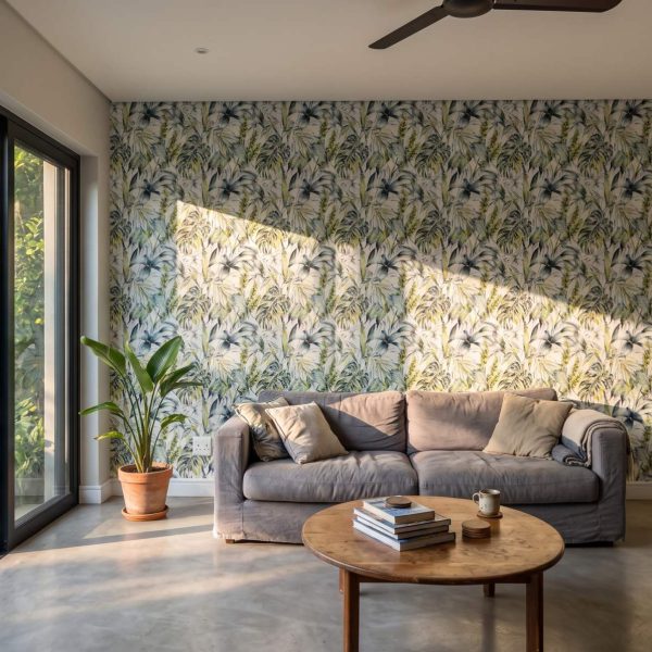 Descolorido Drench Wallpaper shown in a living room