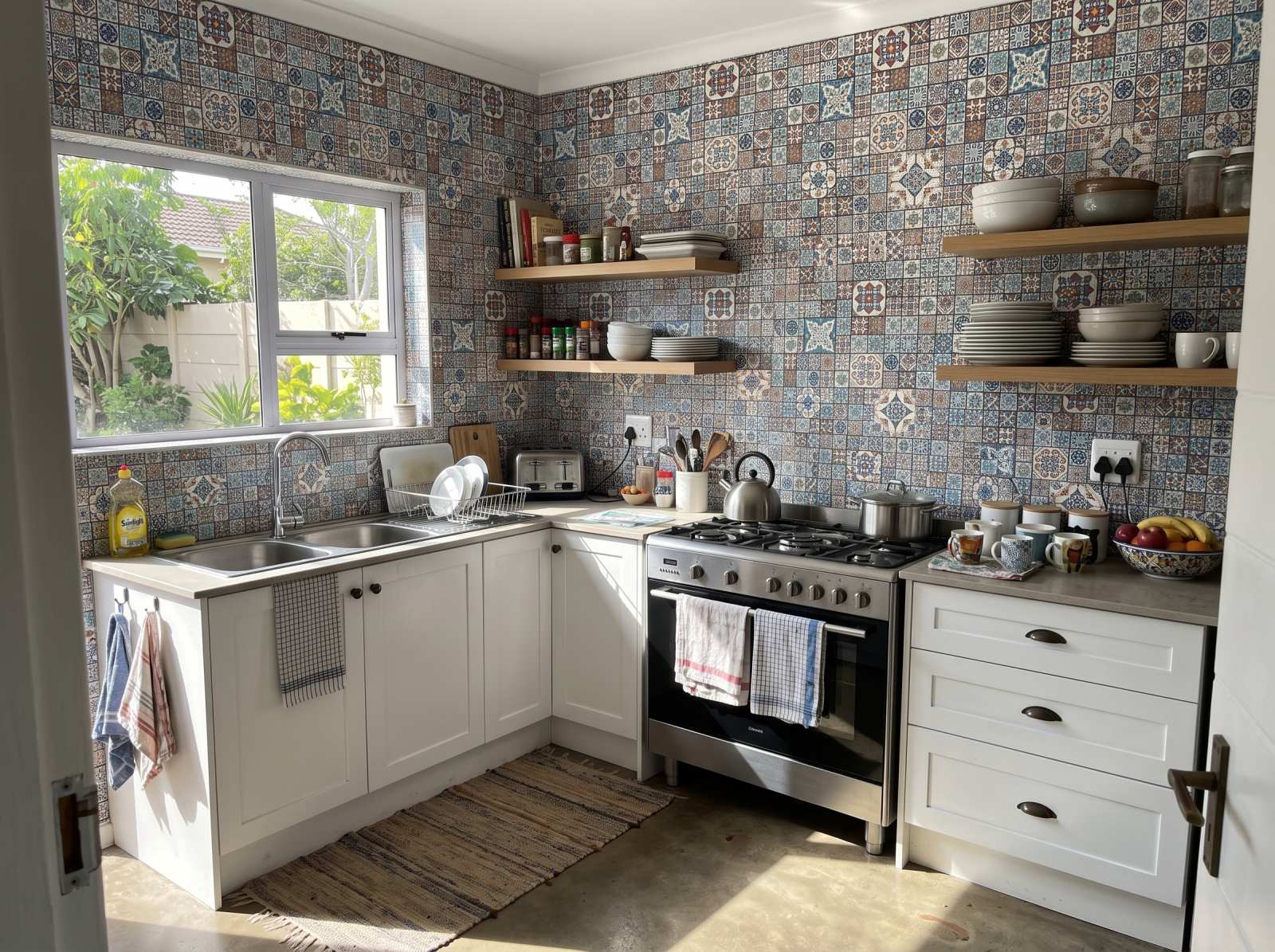 Blanc Micro Tile Wallpaper 1 Wallpaper and Wall Murals South Africa Blanc Micro Tile Wallpaper shown in a kitchen