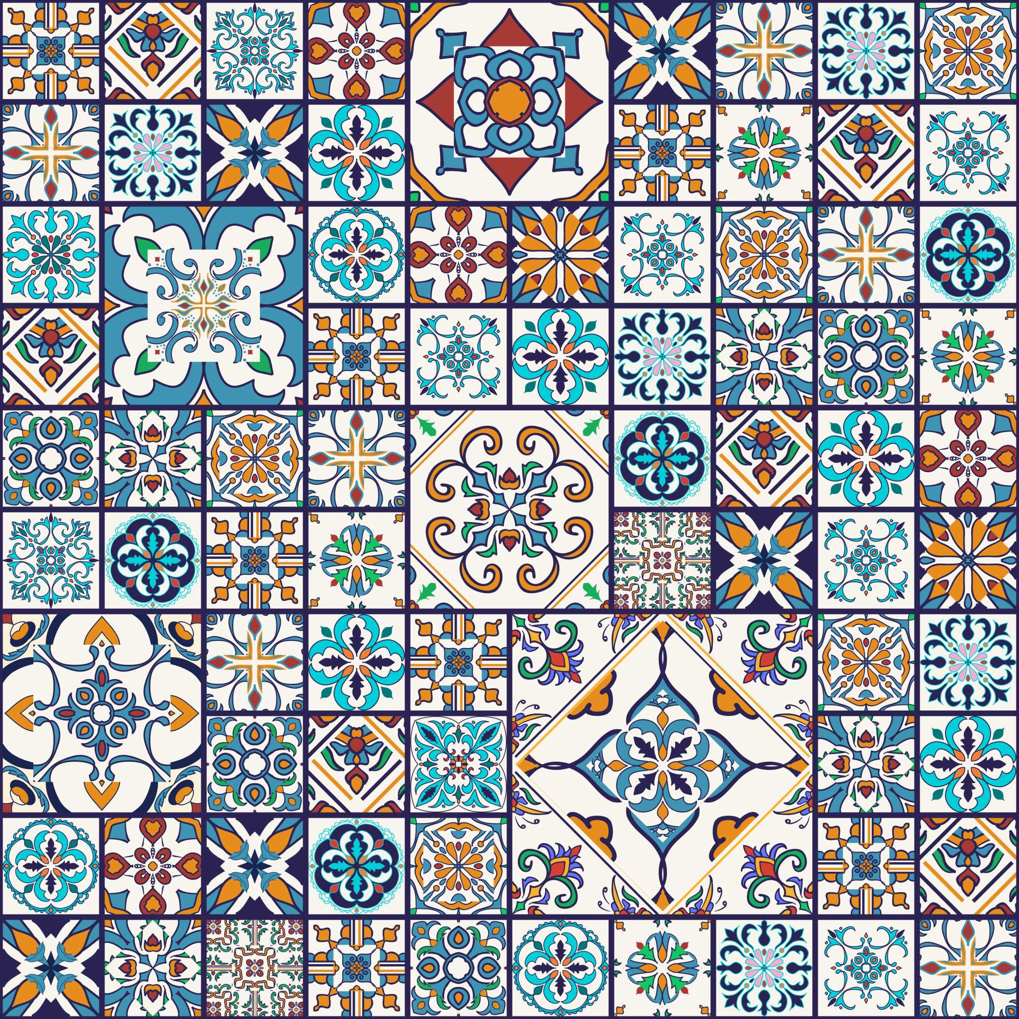 Blanc Micro Tile Wallpaper 2 Wallpaper and Wall Murals South Africa Blanc Micro Tile Wallpaper, patchwork tile pattern in teal, navy and orange wallpaper - WallpaperOnline