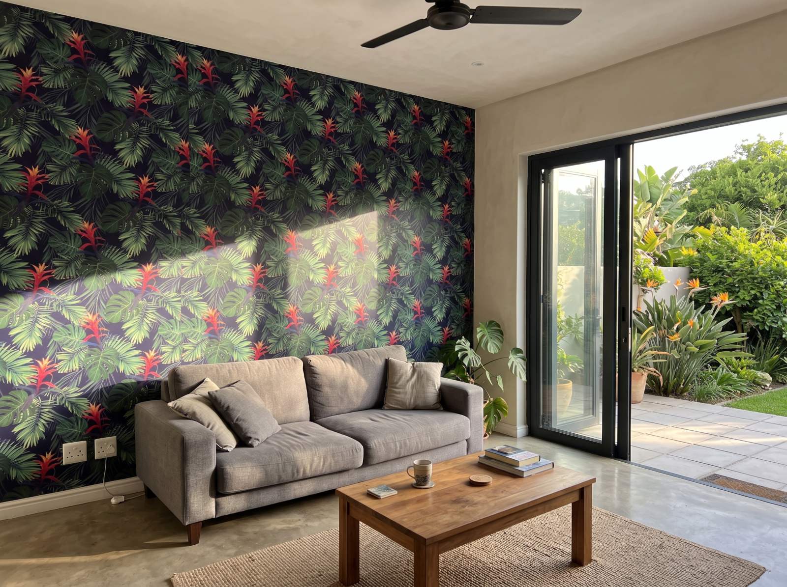 Shadow Jungle Flowers Wallpaper 1 Wallpaper and Wall Murals South Africa Shadow Jungle Flowers Wallpaper shown in a living room
