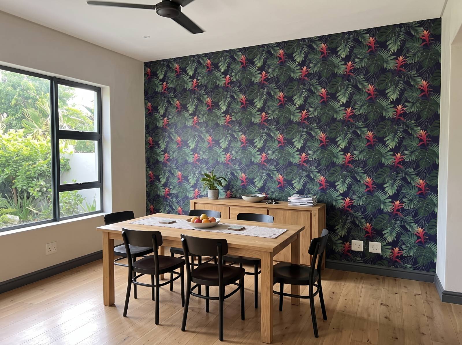 Shadow Jungle Flowers Wallpaper 3 Wallpaper and Wall Murals South Africa Shadow Jungle Flowers Wallpaper shown in a dining room