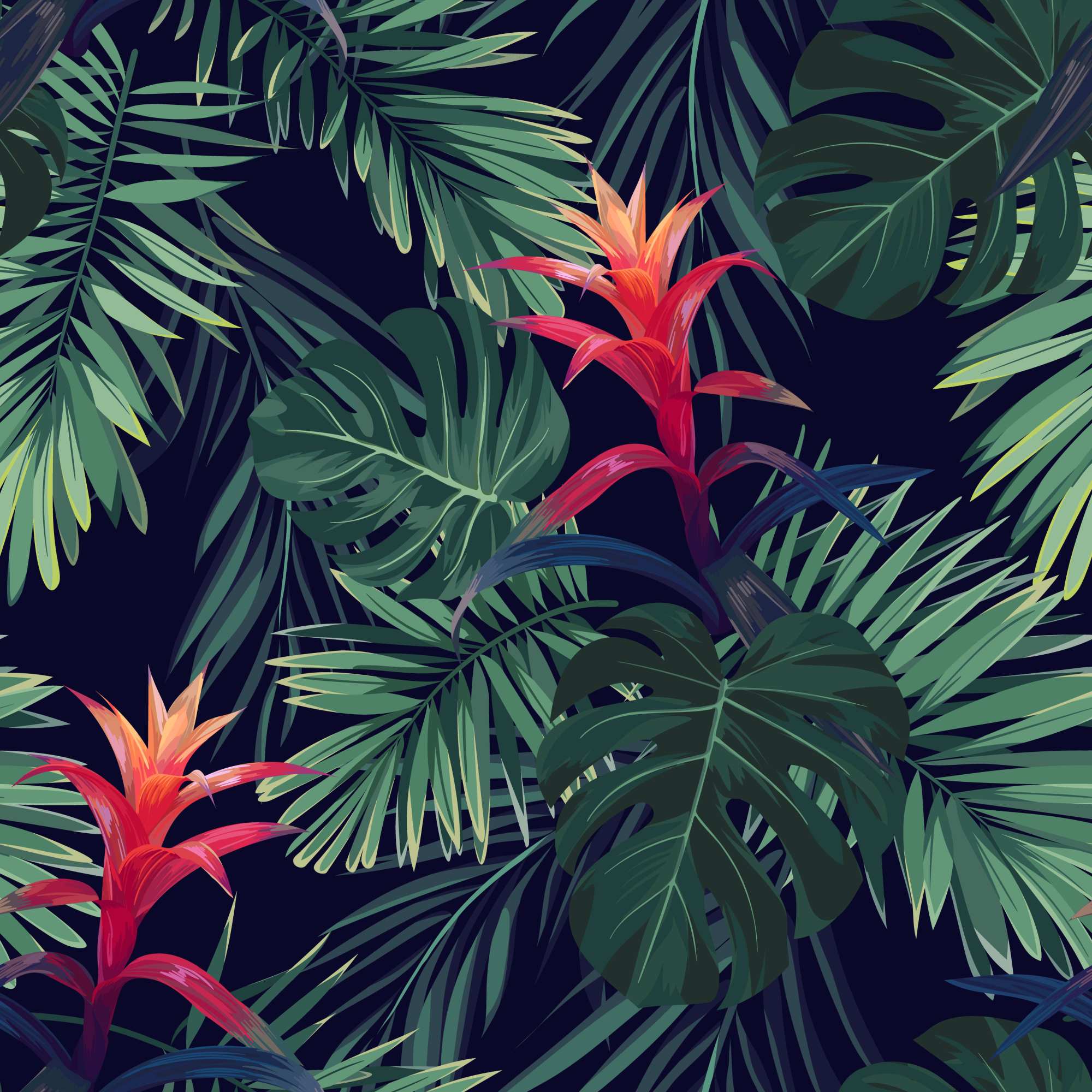 Shadow Jungle Flowers Wallpaper 2 Wallpaper and Wall Murals South Africa Shadow Jungle Flowers, tropical jungle leaves and bromeliad flowers in green, navy and red-orange wallpaper - WallpaperOnline