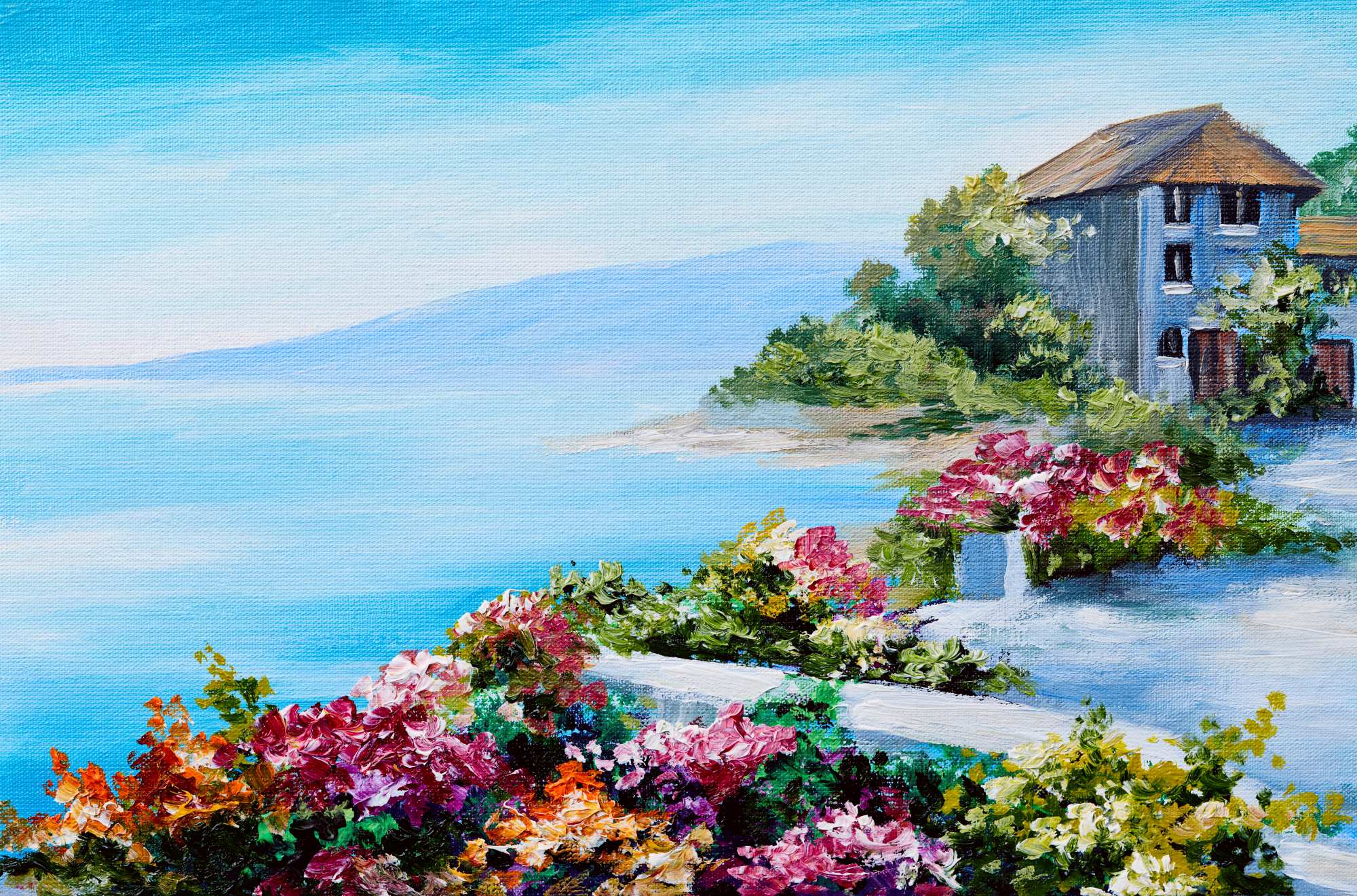 Mural Oil Paint Village 2 Wallpaper and Wall Murals South Africa Mural Oil Paint Village, coastal village in blue, pink and green mural - WallpaperOnline