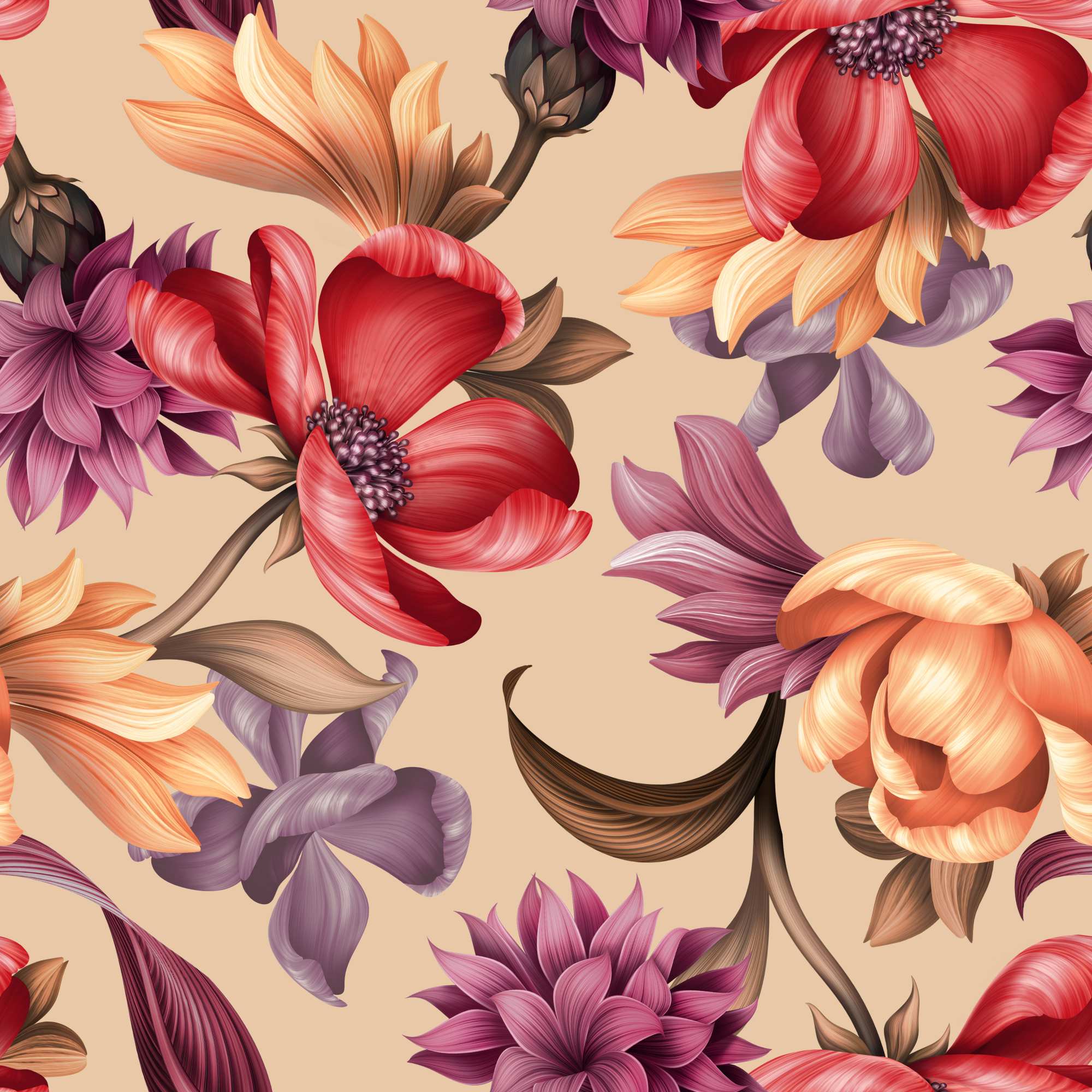 Roque Wallpaper 2 Wallpaper and Wall Murals South Africa Roque Floral Bloom, large floral blooms in red, orange and purple wallpaper - WallpaperOnline