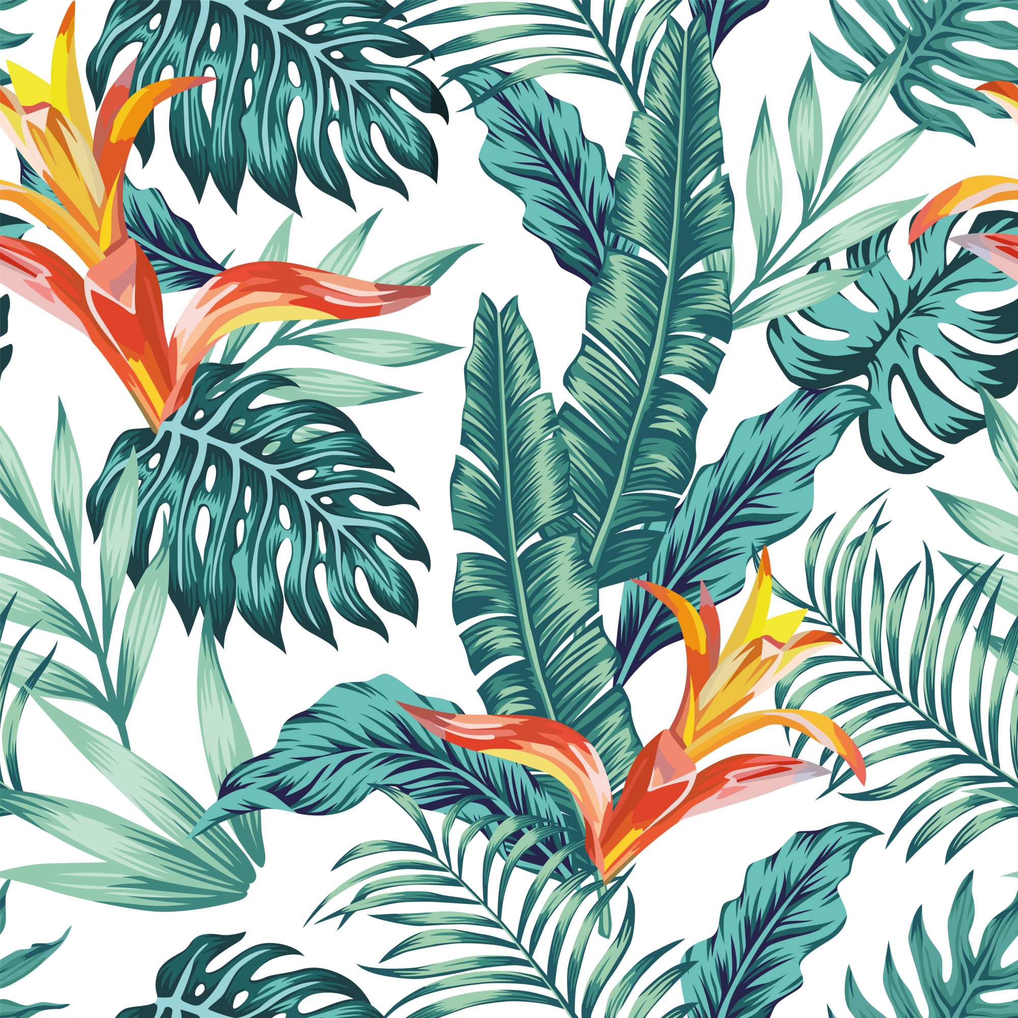 Mural Stralitzia Palms 2 Wallpaper and Wall Murals South Africa Stralitzia Palms, tropical palm and Strelitzia flower scene in teal, white and orange mural - WallpaperOnline