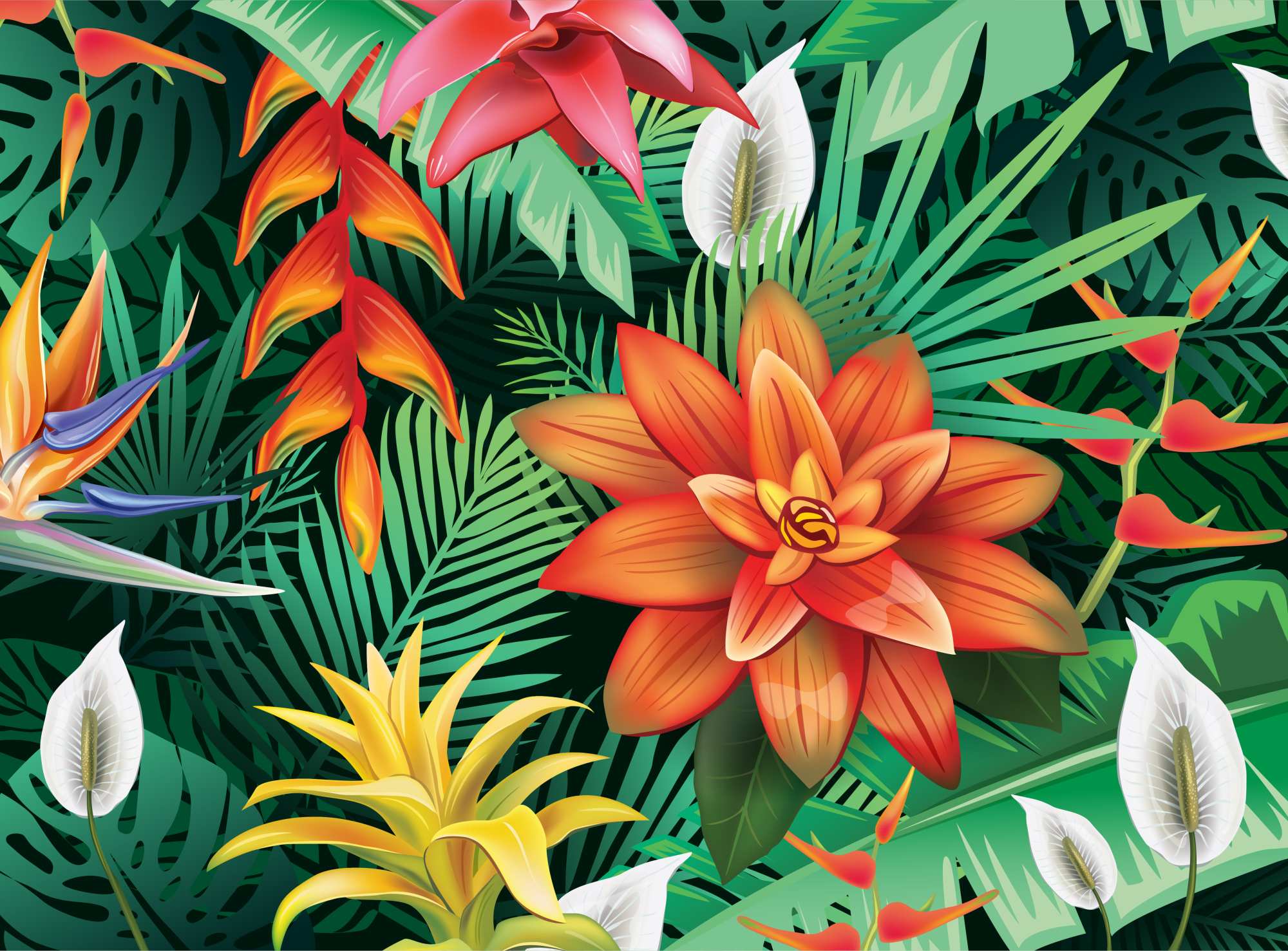 Mural Jungle Summer 2 Wallpaper and Wall Murals South Africa Jungle Summer, tropical flowers in green, orange and white mural - WallpaperOnline