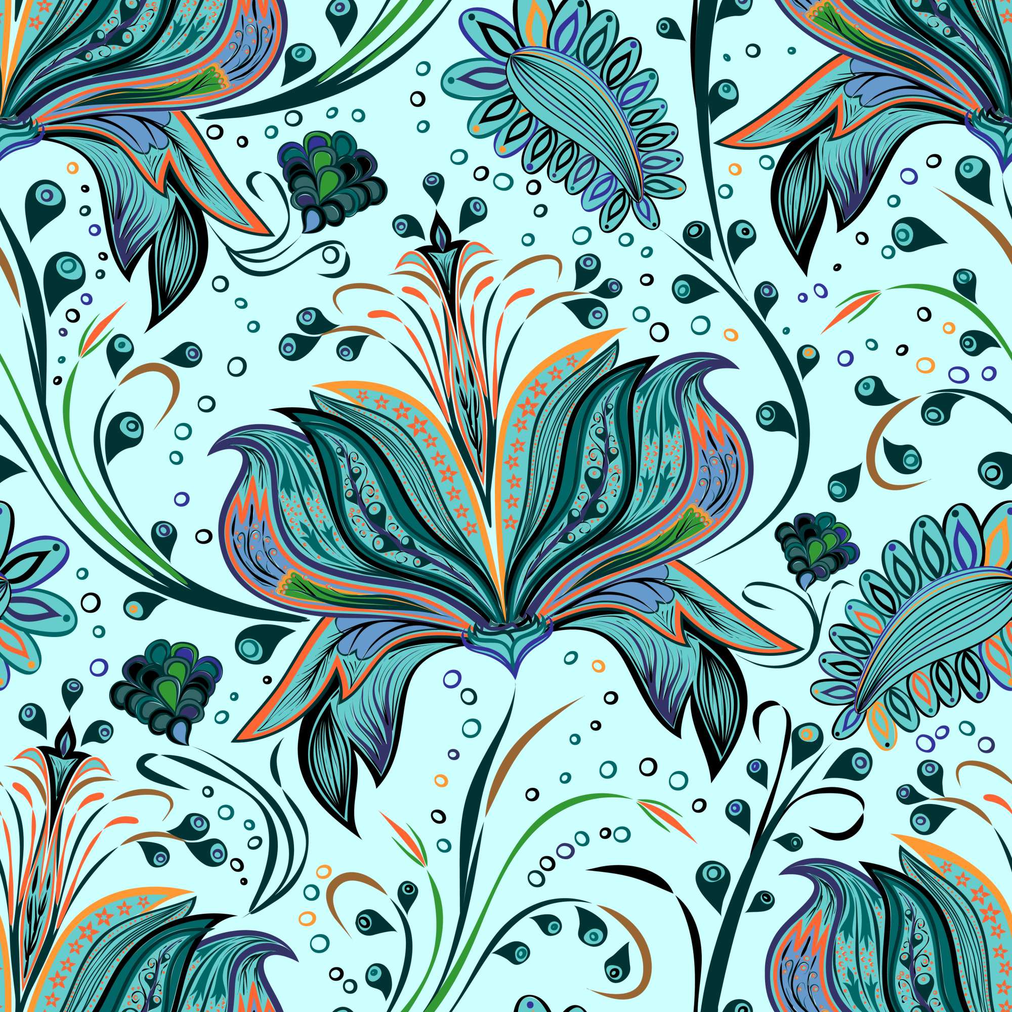 Aqua Growth Wallpaper 2 Wallpaper and Wall Murals South Africa Aqua Growth Wallpaper, folkloric floral in teal and orange wallpaper - WallpaperOnline
