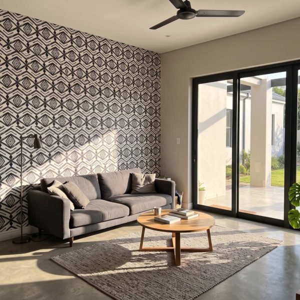 African Thales Wallpaper shown in a living room