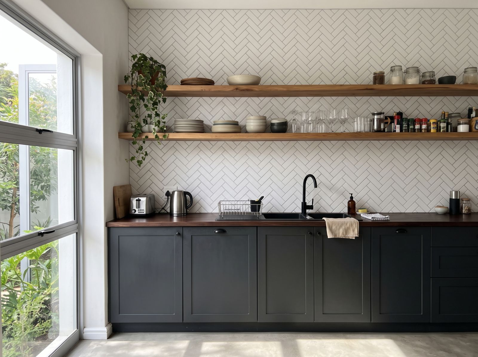Herringbone Tile Wallpaper 1 Wallpaper and Wall Murals South Africa Herringbone Tile Wallpaper shown in a kitchen
