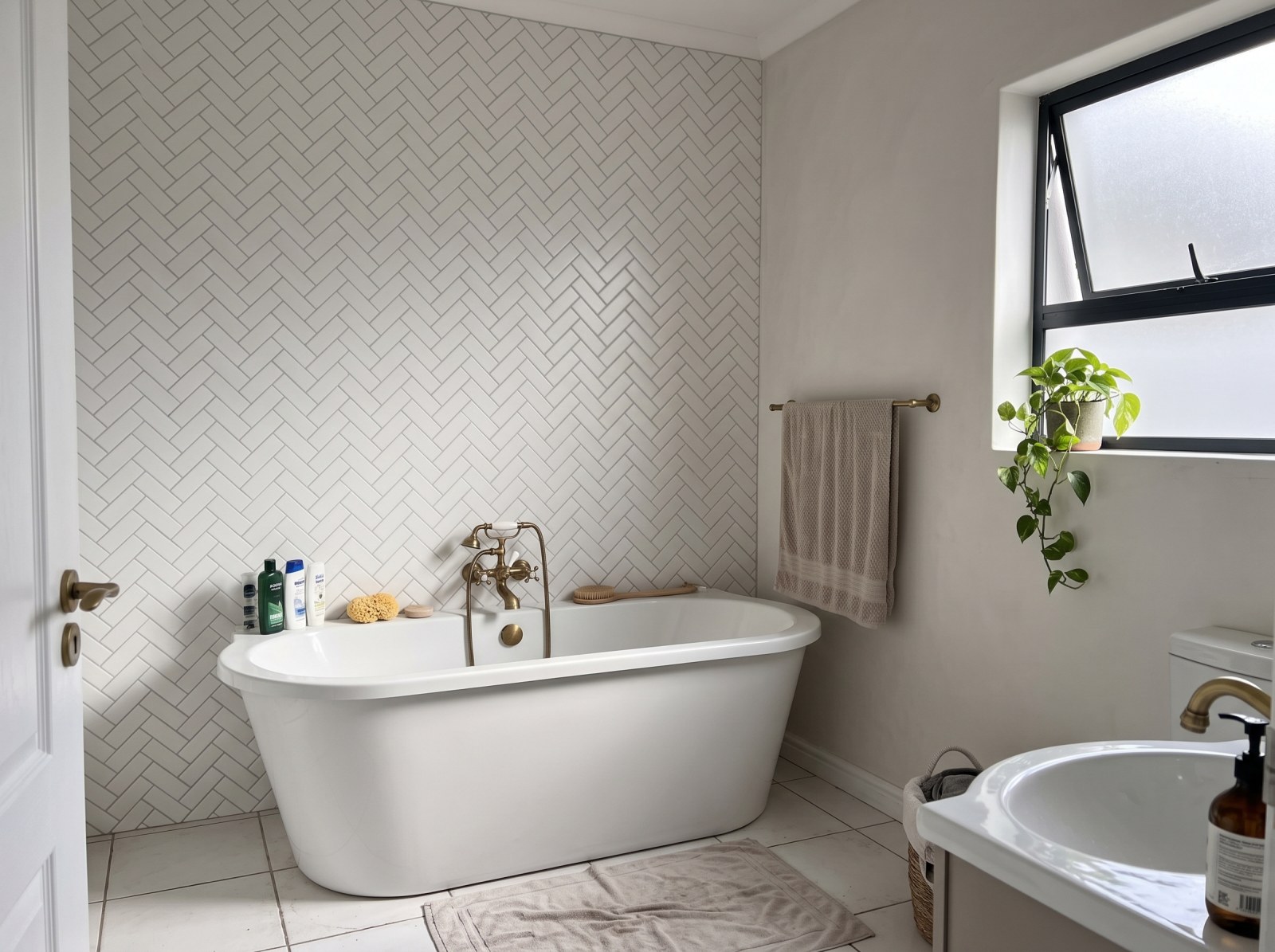 Herringbone Tile Wallpaper 3 Wallpaper and Wall Murals South Africa Herringbone Tile Wallpaper shown in a bathroom