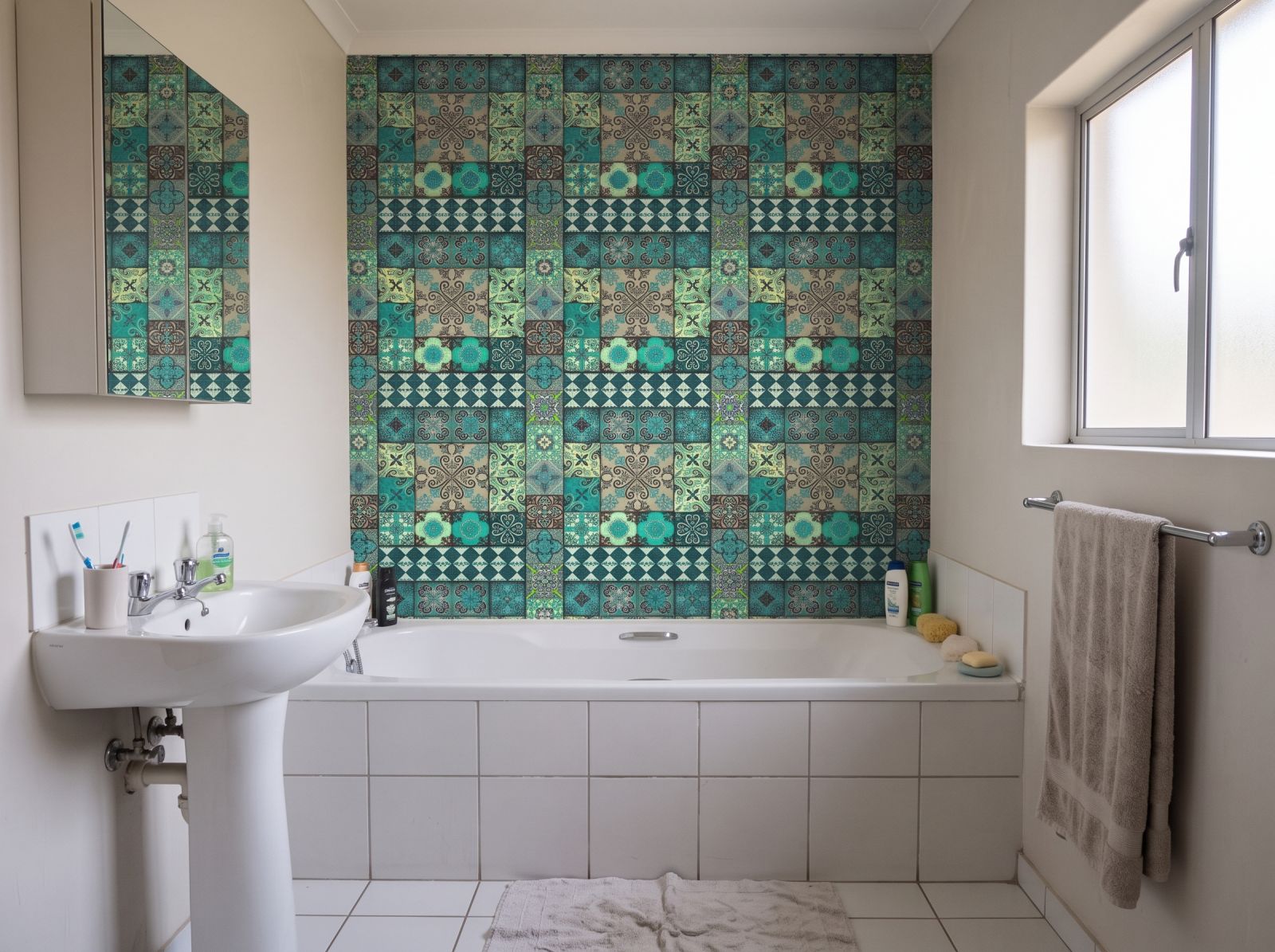Orellana Tile Wallpaper 3 Wallpaper and Wall Murals South Africa Orellana Tile Wallpaper shown in a bathroom