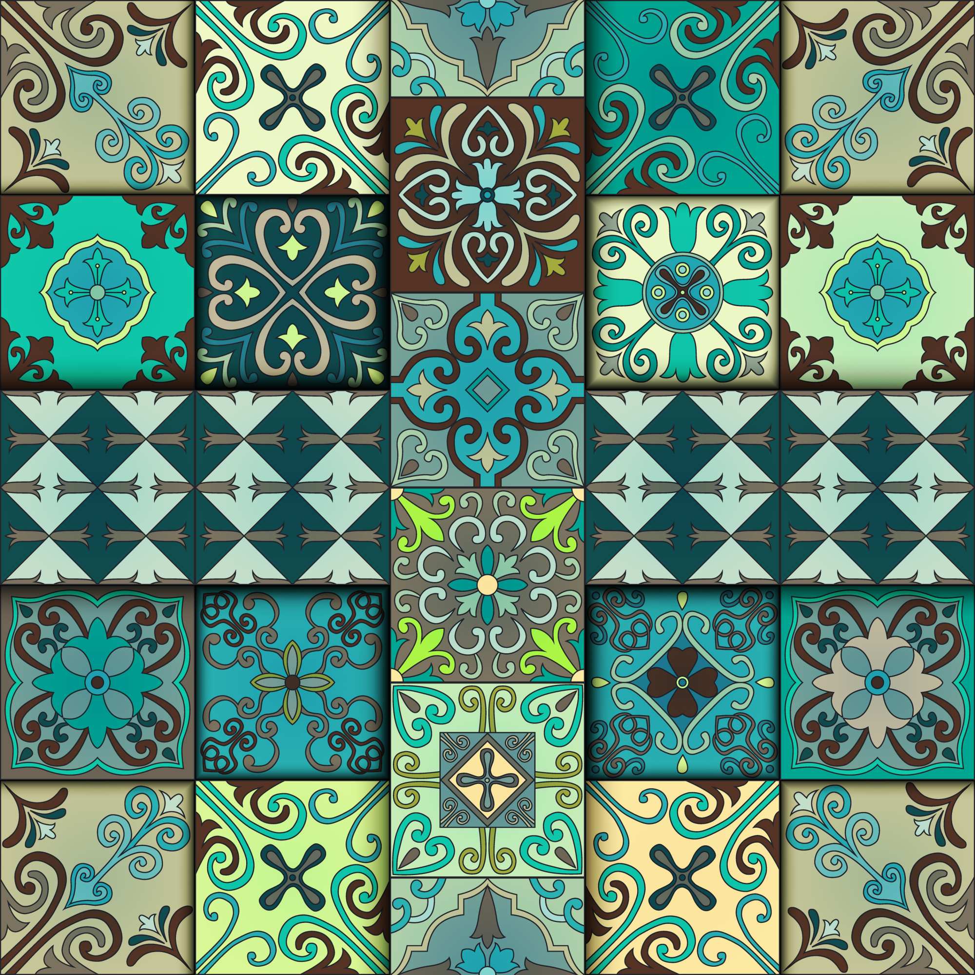 Orellana Tile Wallpaper 2 Wallpaper and Wall Murals South Africa Orellana Tile, patchwork tile pattern in teal, brown and cream wallpaper - WallpaperOnline