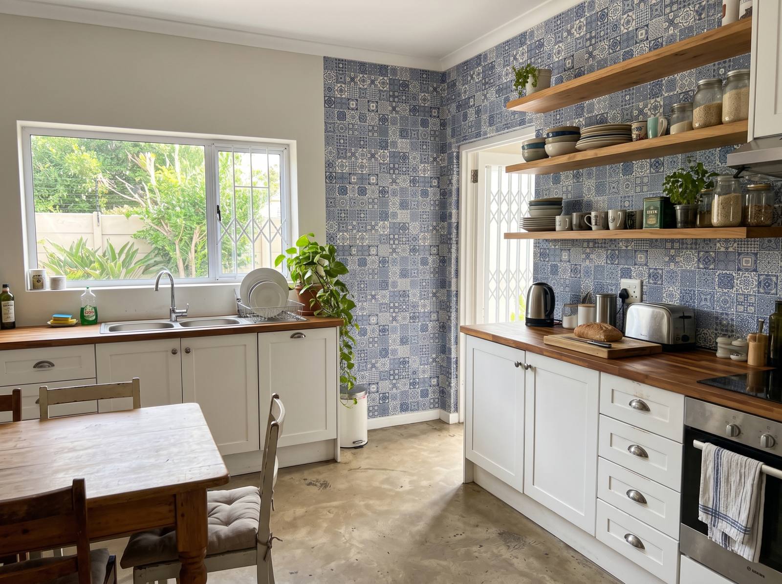 Zurbarán Tile Wallpaper 1 Wallpaper and Wall Murals South Africa Zurbarán Tile Wallpaper shown in a kitchen