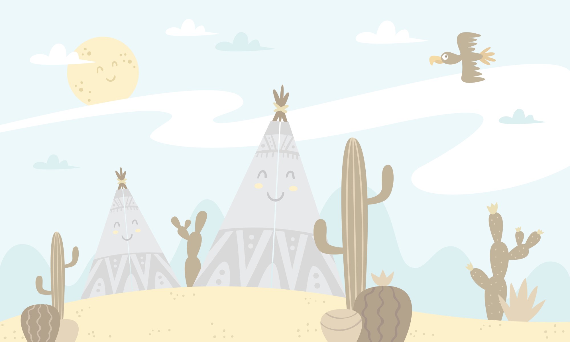 Mural Cactus Camping 2 Wallpaper and Wall Murals South Africa Mural Cactus Camping, desert teepees and cacti scene in pale blue and sand mural - WallpaperOnline