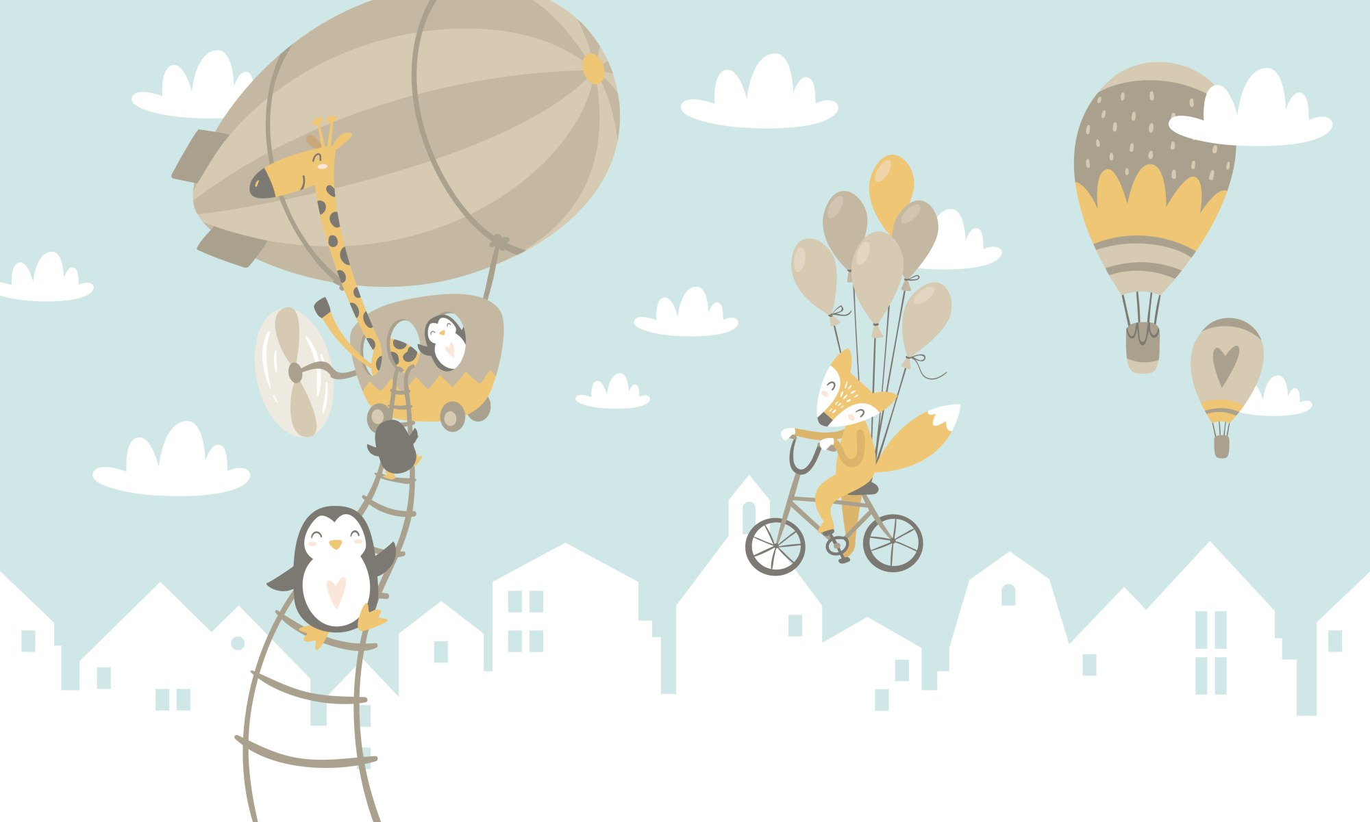 Mural Flying High 2 Wallpaper and Wall Murals South Africa Mural Flying High, giraffe airship and fox with balloons in blue and beige mural - WallpaperOnline