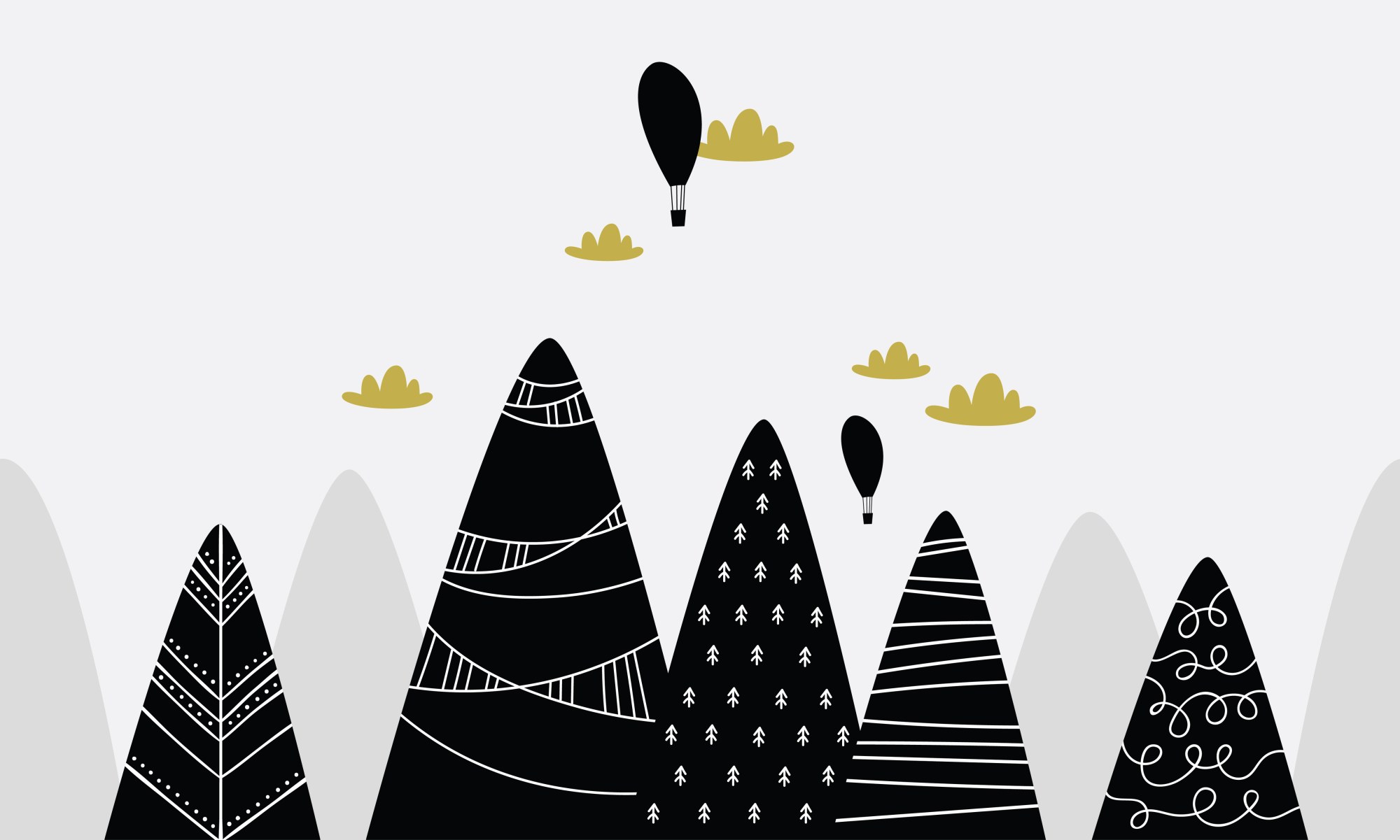 Mural Black Cap Mountains 2 Wallpaper and Wall Murals South Africa Black Cap Mountains, mountain and hot air balloon scene in black and grey mural - WallpaperOnline