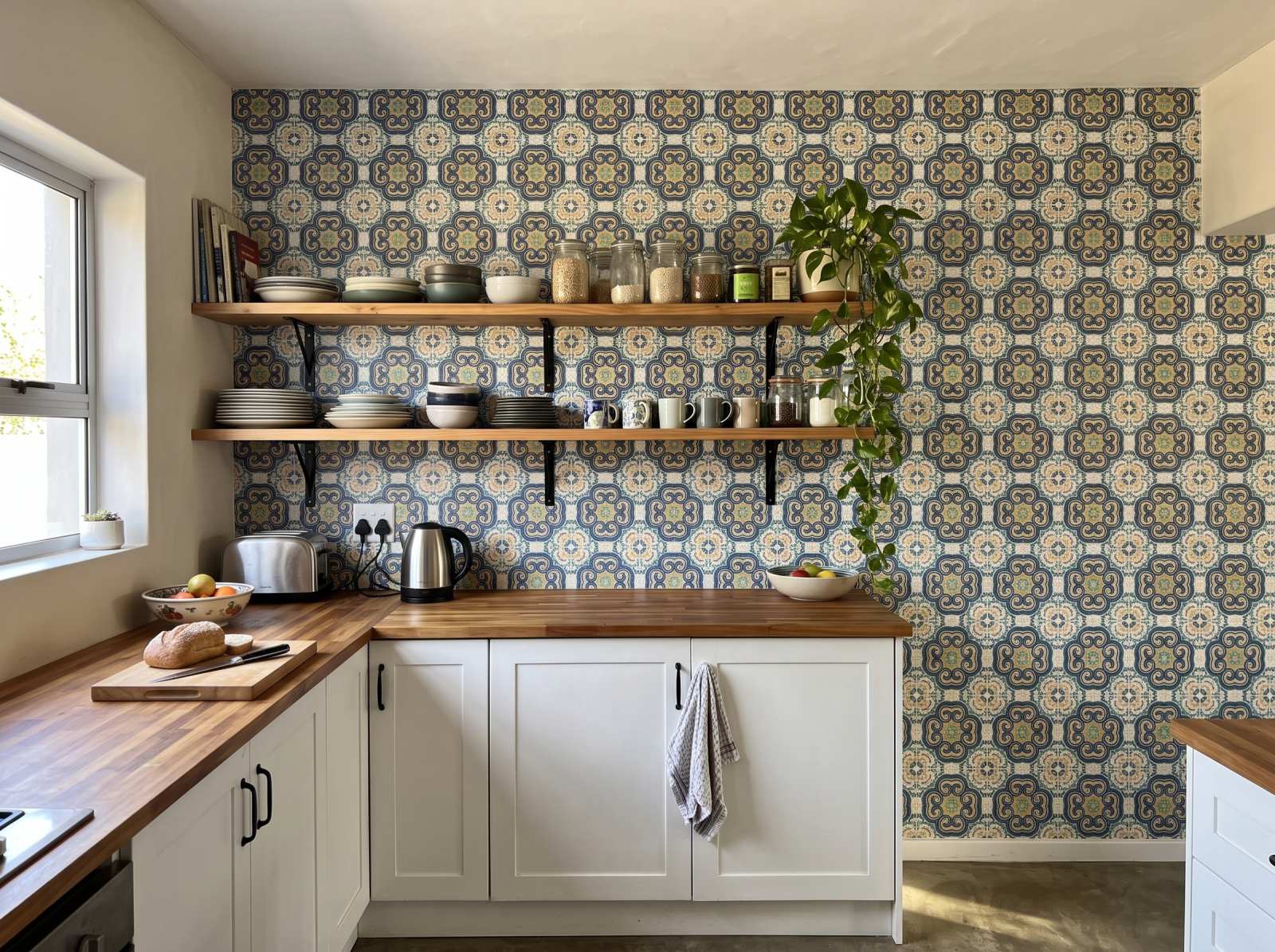 Cortes Tile Wallpaper 1 Wallpaper and Wall Murals South Africa Cortes Tile Wallpaper shown in a kitchen