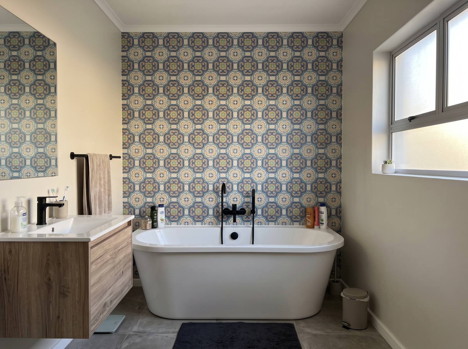 Cortes Tile Wallpaper 3 Wallpaper and Wall Murals South Africa Cortes Tile Wallpaper shown in a bathroom
