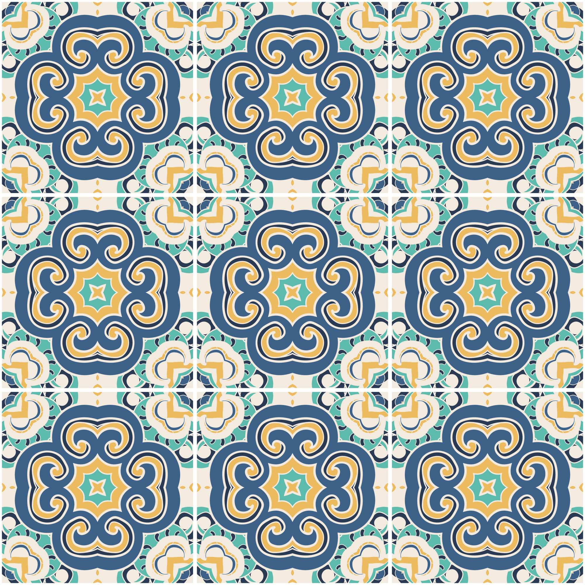 Cortes Tile Wallpaper 2 Wallpaper and Wall Murals South Africa Cortes Tile, tile medallion pattern in blue, teal and mustard wallpaper - WallpaperOnline