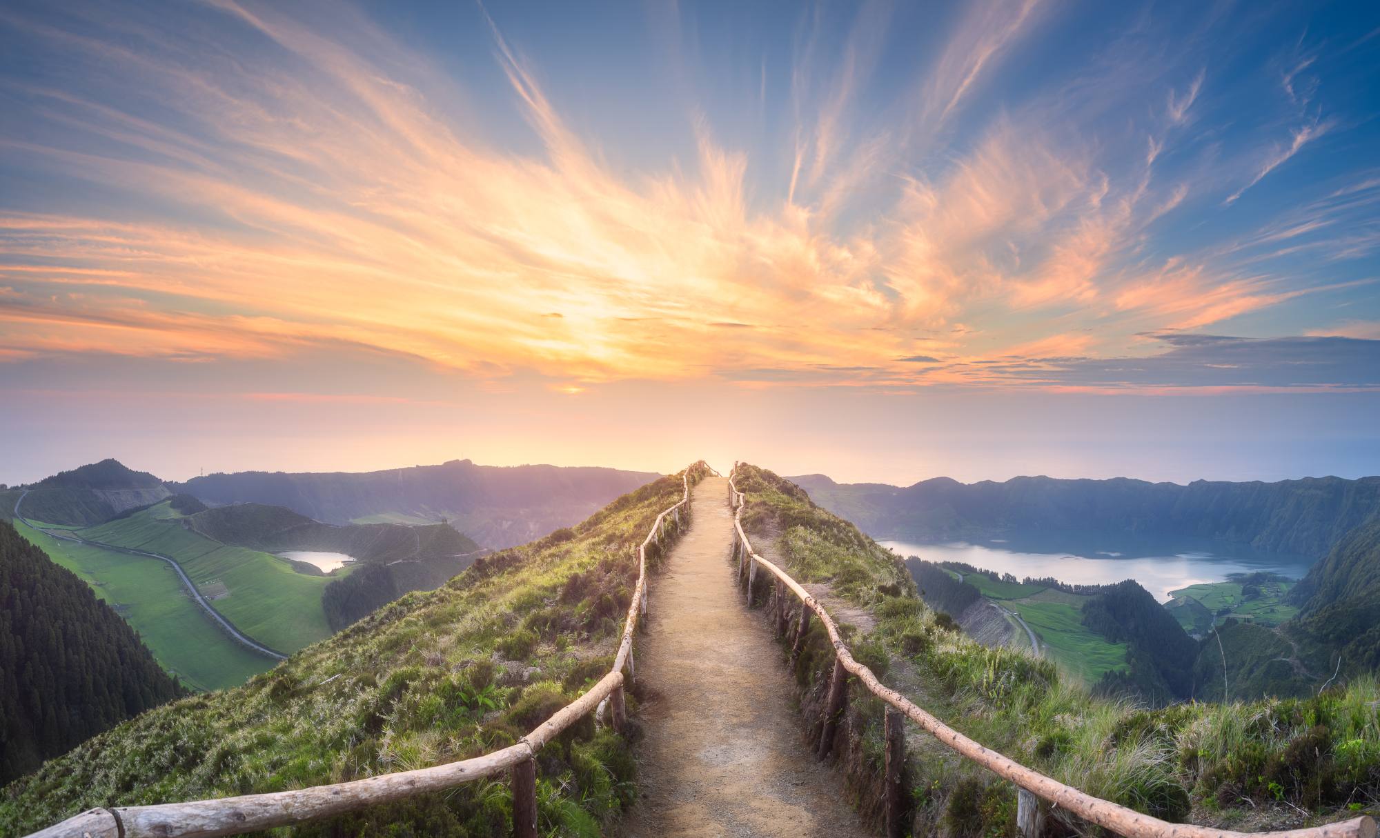 Mural Walk with Me 2 Wallpaper and Wall Murals South Africa Walk with Me, sunset pathway landscape in blue, green and orange mural - WallpaperOnline