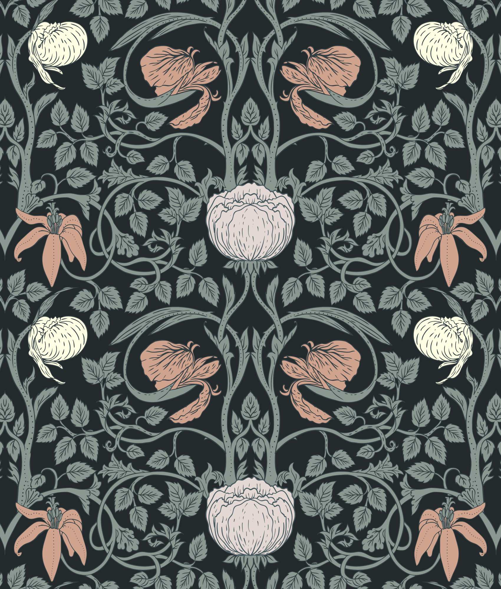 Royal Regalia Dark Wallpaper 2 Wallpaper and Wall Murals South Africa Royal Regalia Dark Wallpaper, Victorian floral trellis in charcoal, sage green and dusty pink wallpaper - WallpaperOnline