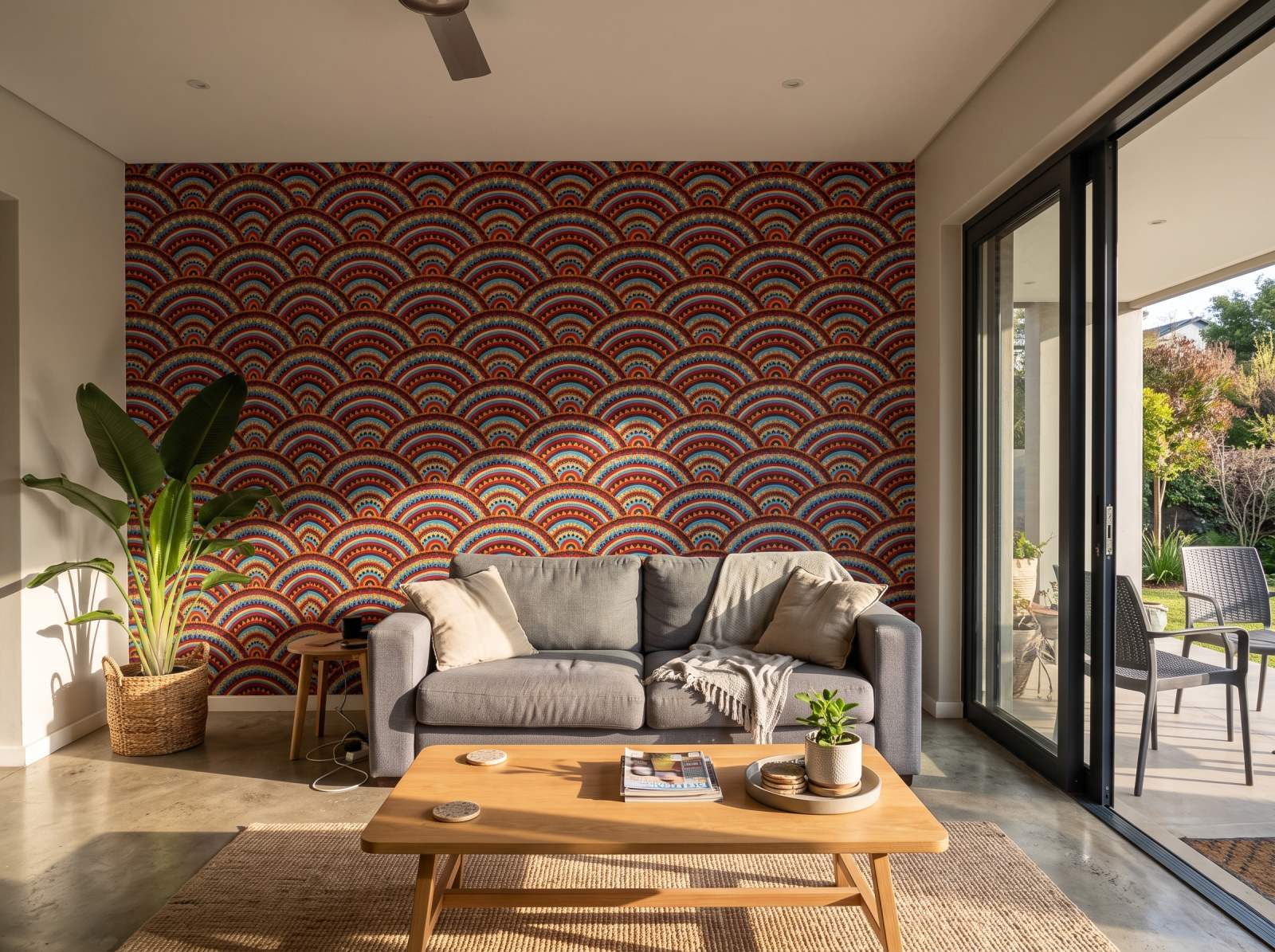 Seigaiha Blaze Wallpaper 1 Wallpaper and Wall Murals South Africa Seigaiha Blaze Wallpaper shown in a living room