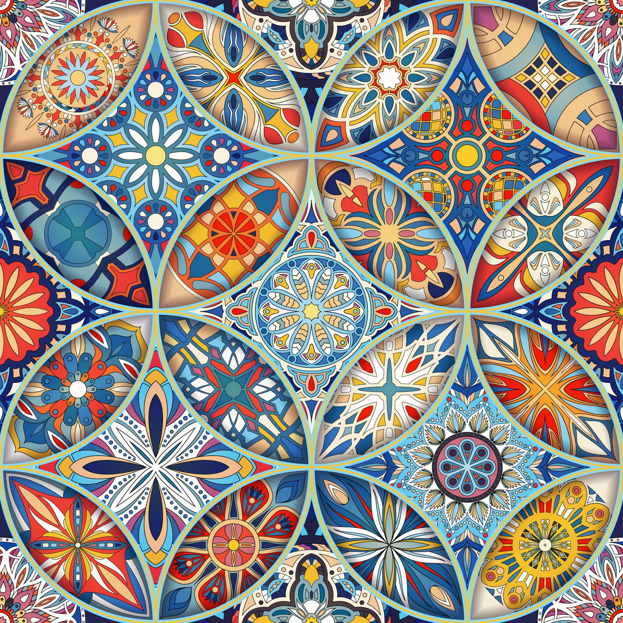 Malone Tile Wallpaper 2 Wallpaper and Wall Murals South Africa Malone Tile Wallpaper, kaleidoscopic tile medallion pattern in blue, red and gold wallpaper - WallpaperOnline