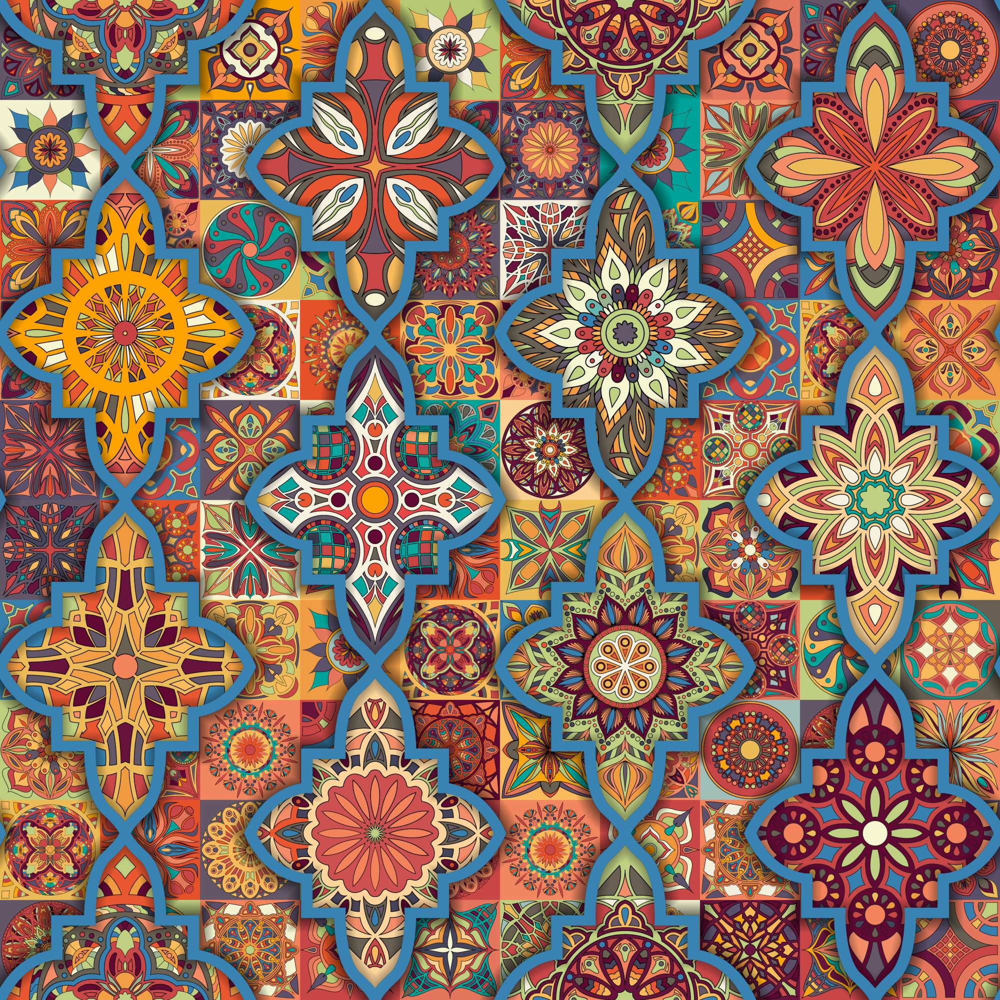 Santana Tile Wallpaper 2 Wallpaper and Wall Murals South Africa Santana Tile Wallpaper, Moroccan-style mandala tile patchwork in orange, red and blue wallpaper - WallpaperOnline